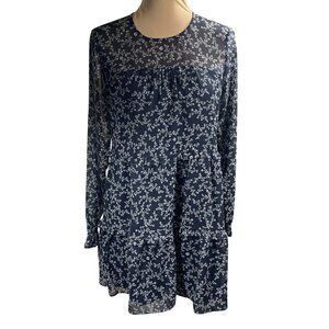 Loft Tiered Dress Navy White Floral Tunic Mini Size XS Extra Small Long Sleeve